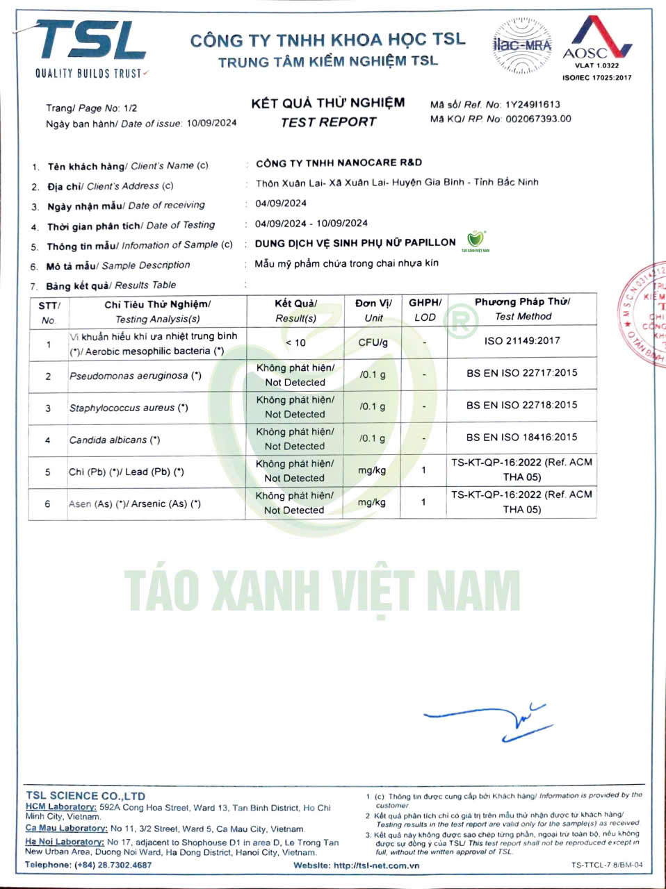 Phiếu thử nghiêm dung dịch vệ sinh phụ nữ nano bạc Papillon ở các loại vi khuẩn nấm